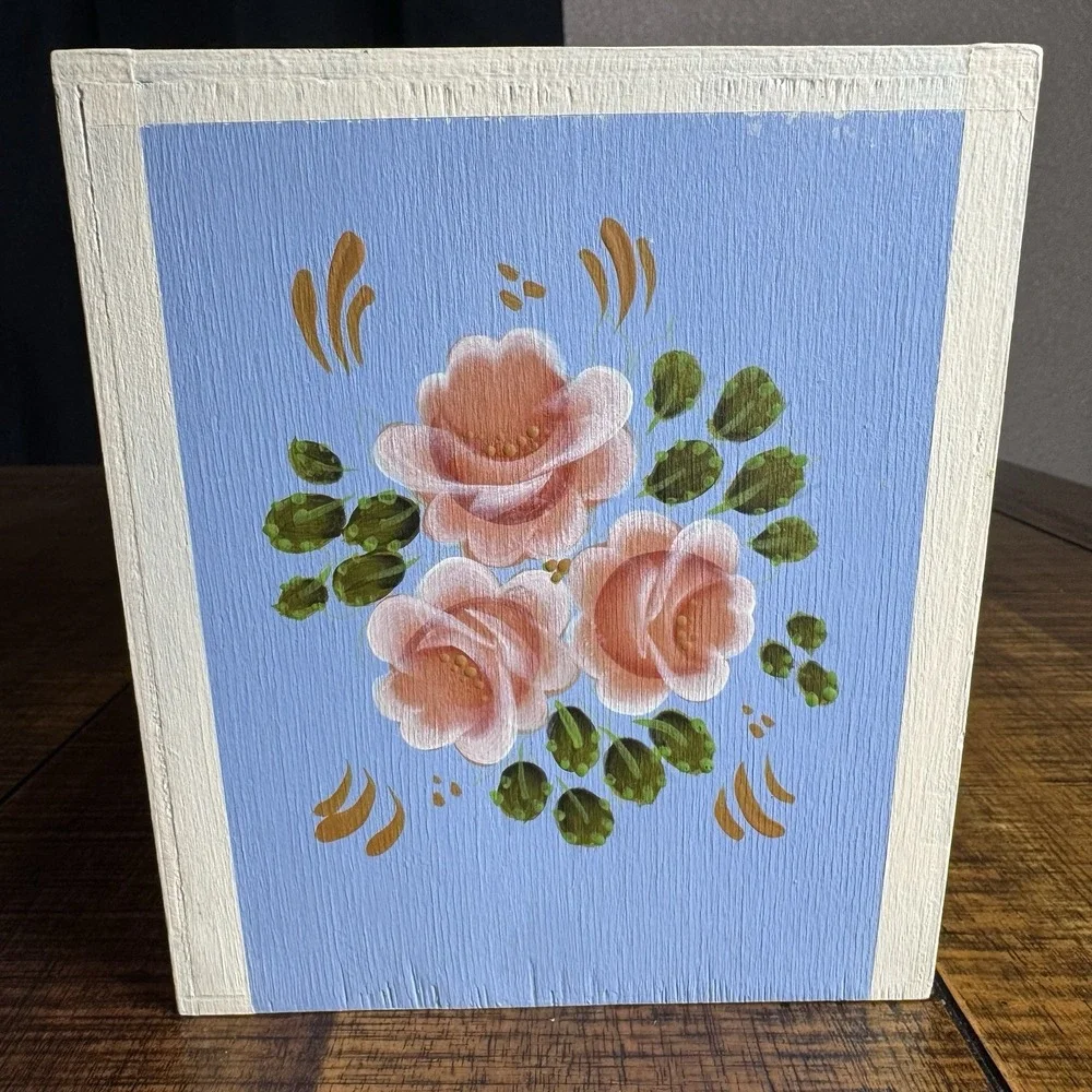 Vintage Hand Painted Tole Wooden Tissue Box Cover Cottage Core Shabby Chic Roses